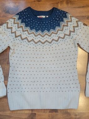 Fjallraven Cream Fair Isle Crewneck Sweater with Blue Yoke and Brown Accents
